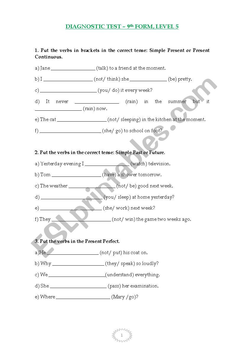 Diagnostic test worksheet