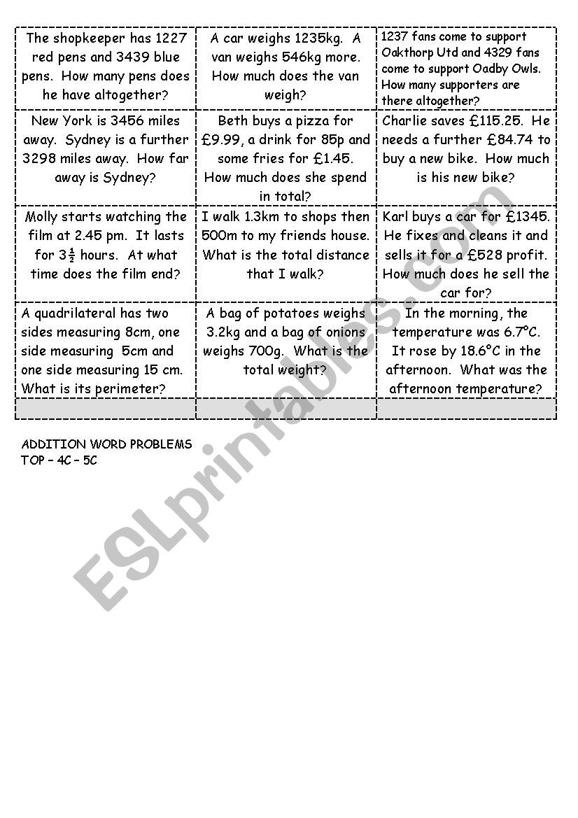 Addition - Word Problems worksheet