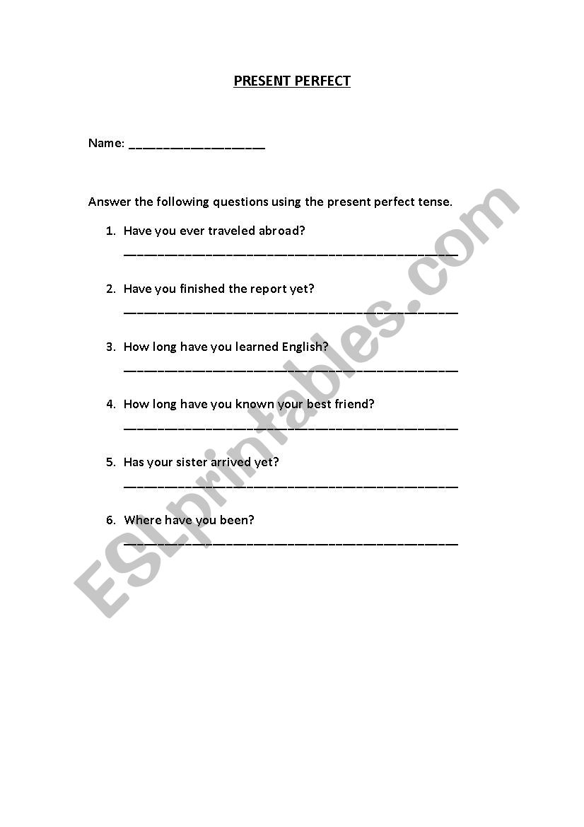 Present Perfect Questions worksheet