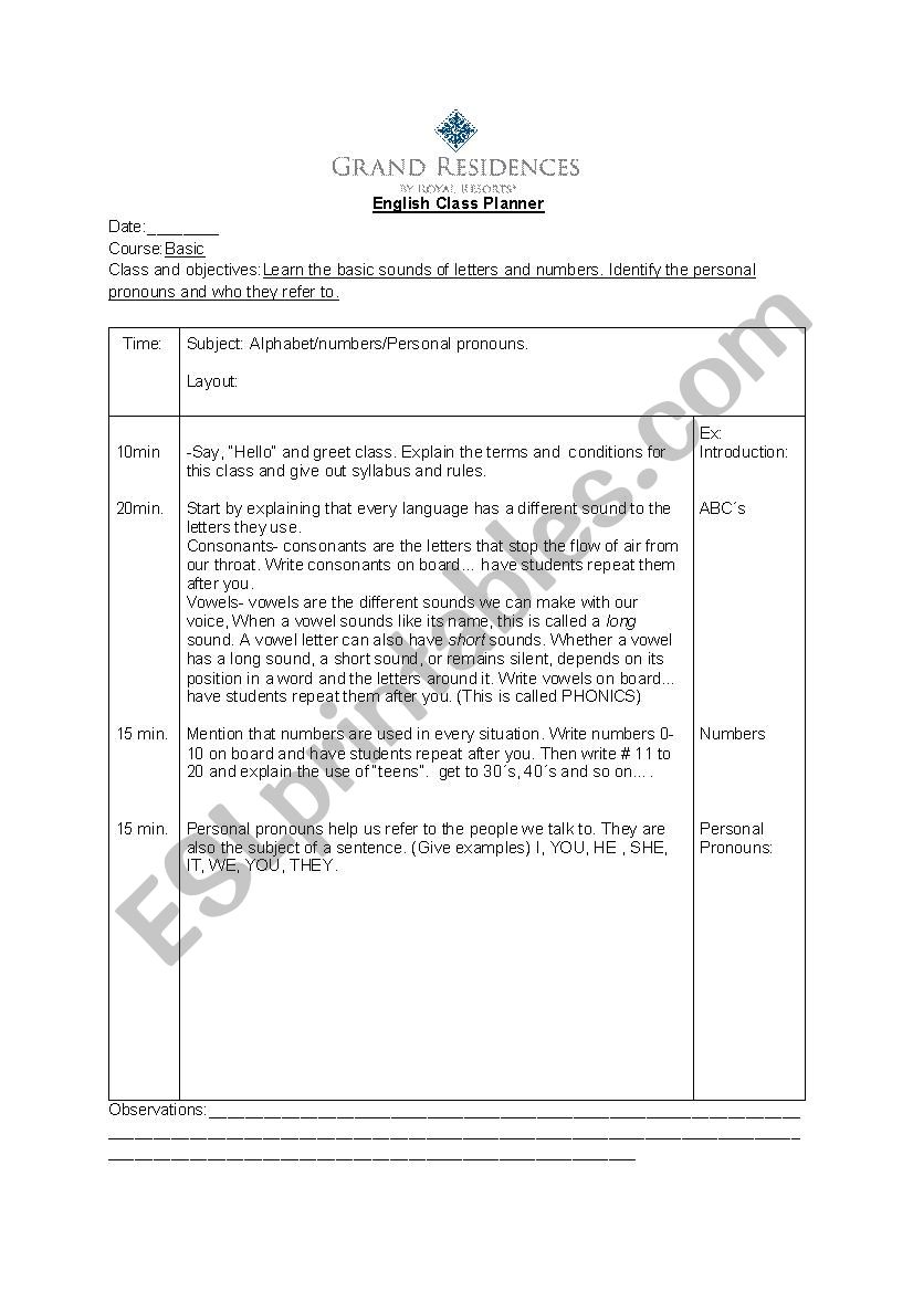 Class Planner begginer class worksheet