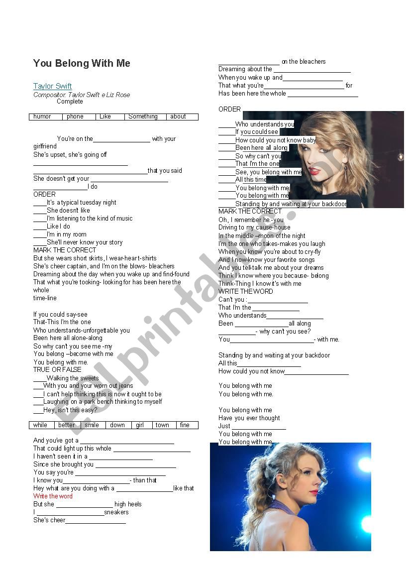 you belong with me  worksheet