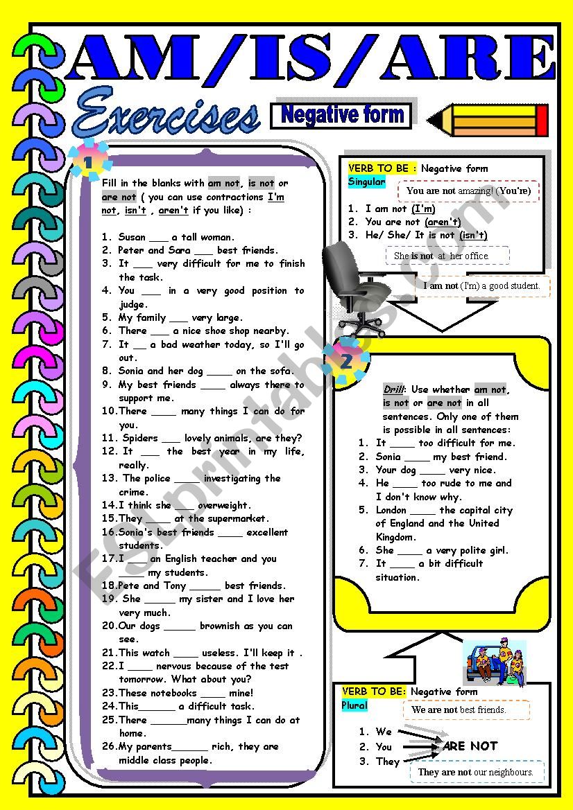 AM IS ARE Negative Form ESL Worksheet By Dackala