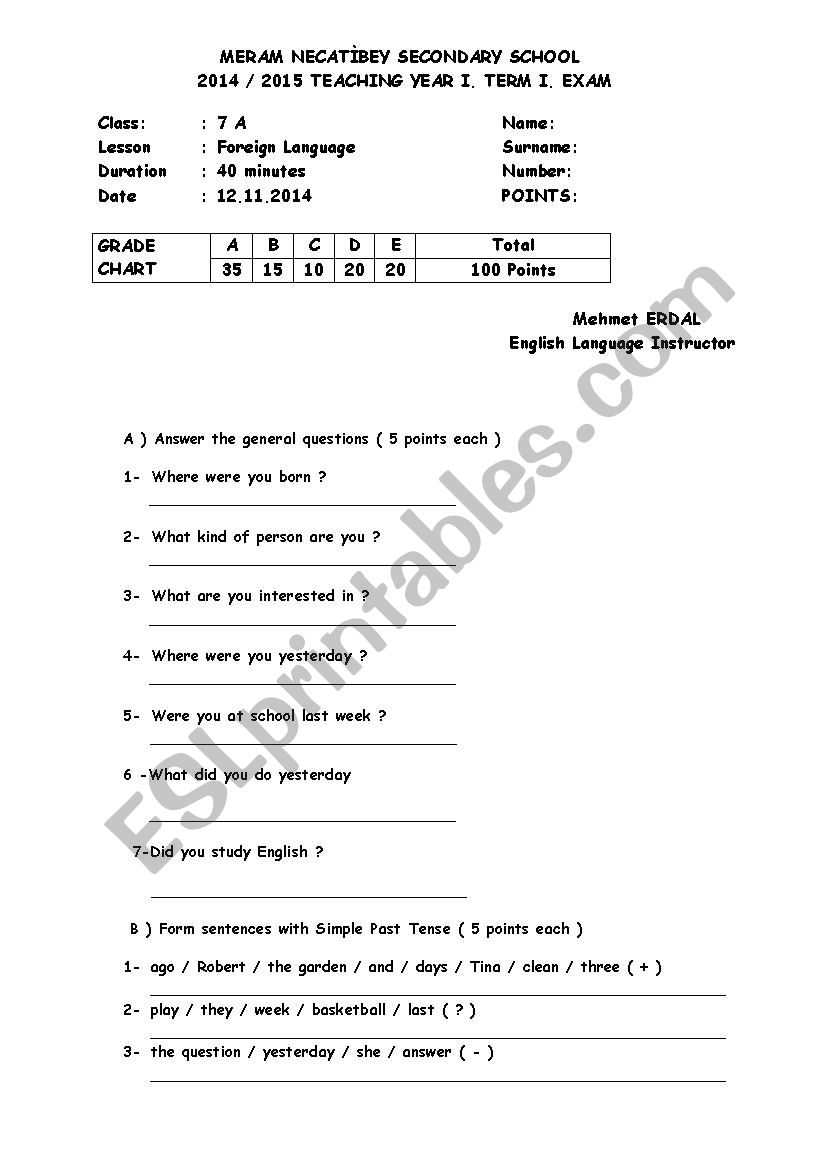 exam for 7th classes worksheet