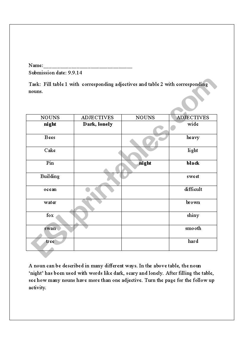 Adjectives and Nouns - ESL worksheet by swarupak