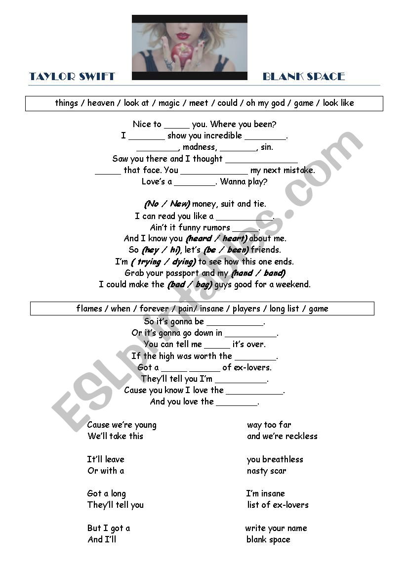 Taylor Swift Blank Space Lyrics Worksheet Esl Worksheet By Pnrylmz