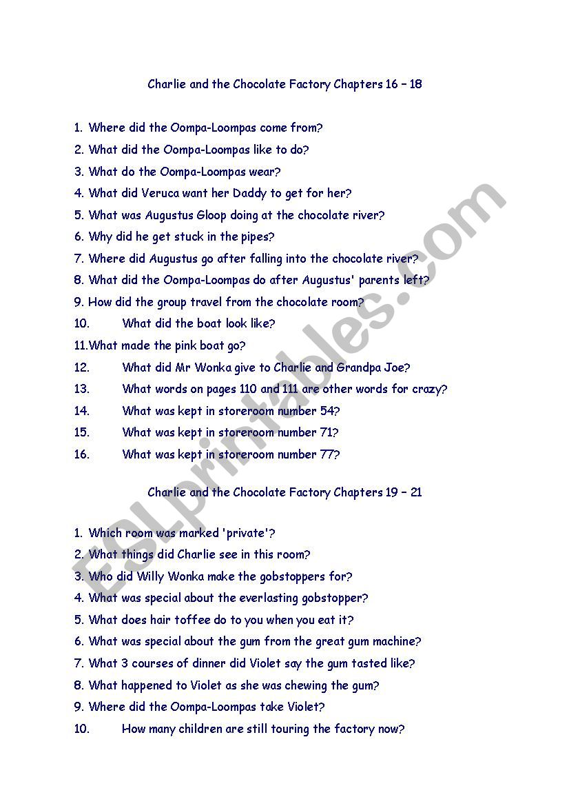 Charlie And The Chocolate Factory Comprehension Questions Esl Worksheet By Studenth