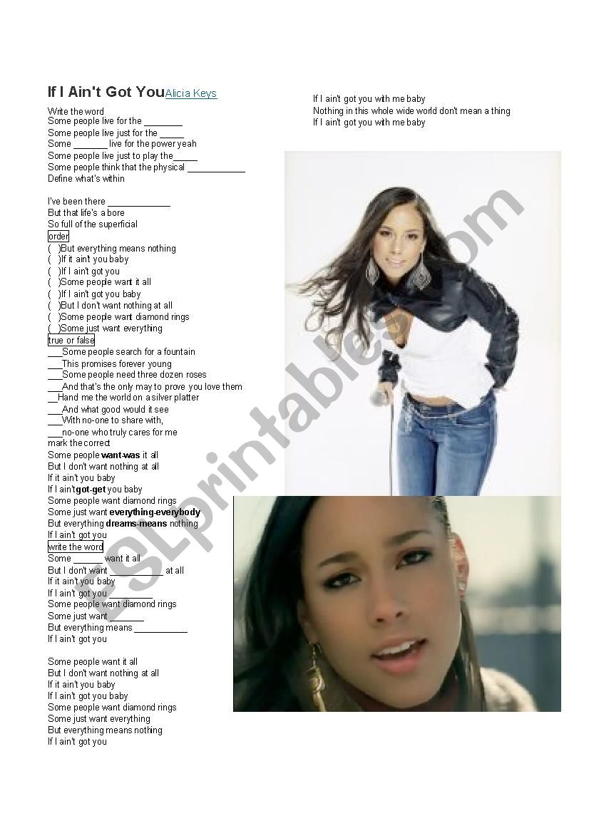 If I Ain T Got You Alicia Keys Esl Worksheet By Alicia0001