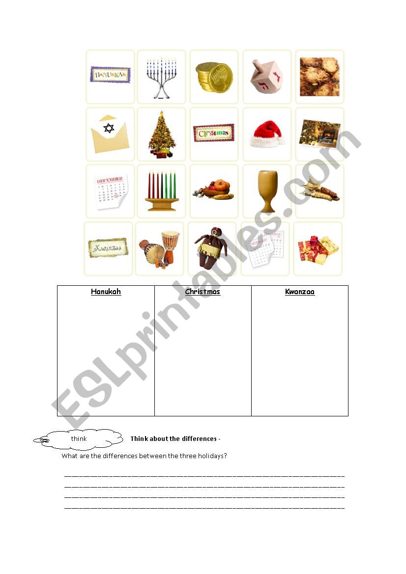 Kwanzaa, hanuka and christmas worksheet