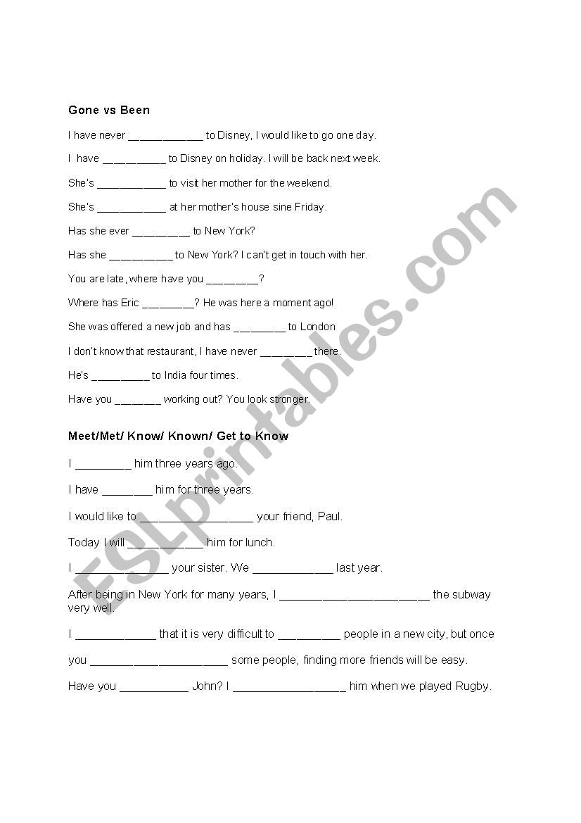 Been/Gone and  Meet/Know worksheet