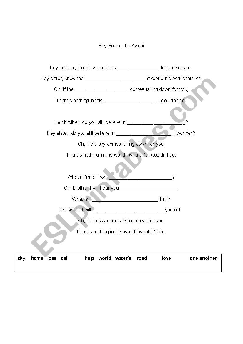 Hey Brother: cloze exercise worksheet