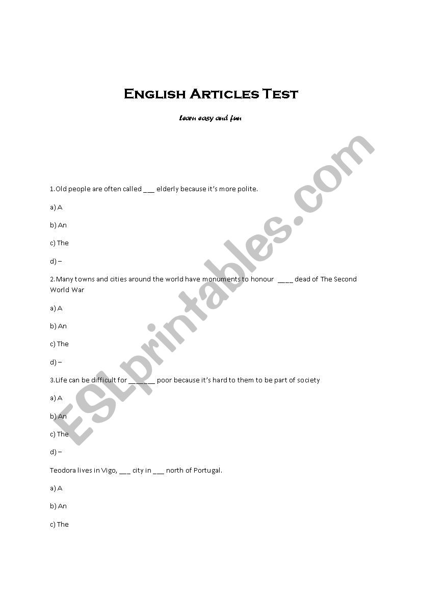 English Articles Test worksheet