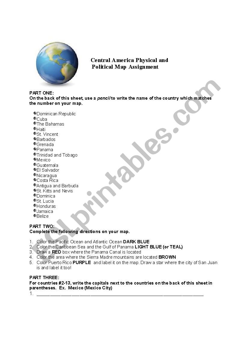 Map Assignment worksheet