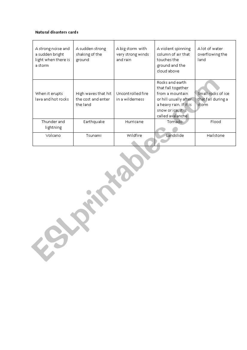 Natural disasters cards worksheet