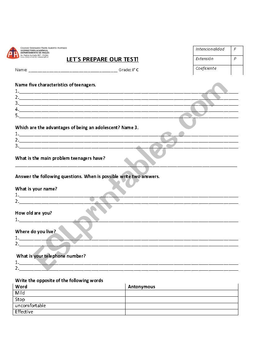 formative test worksheet