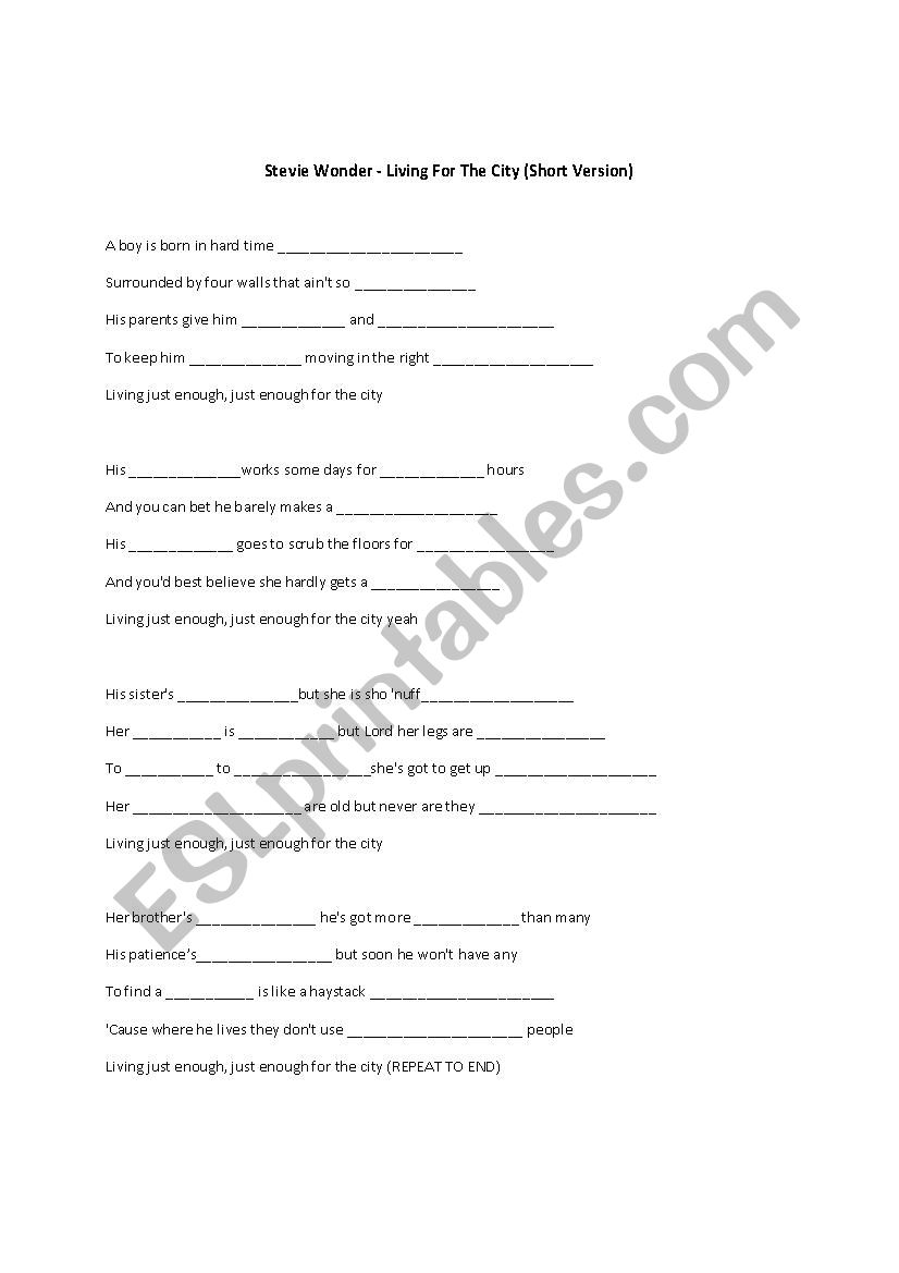 Lyric Fill In Stevie Wonder S Living For The City Esl Worksheet By Rdcphd