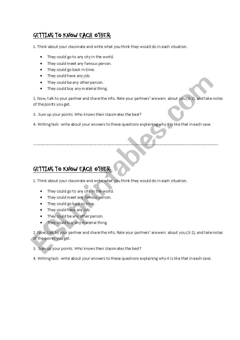 Gettink to know each other worksheet