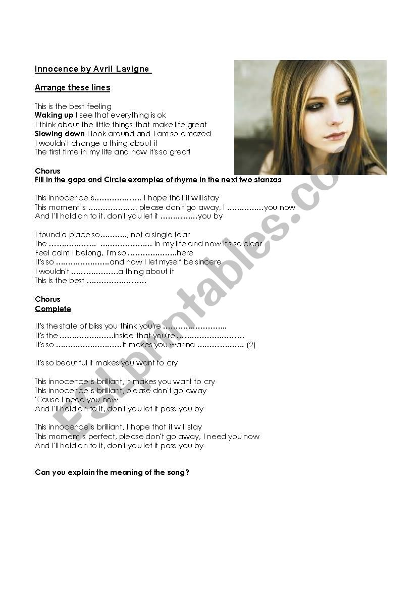 Worksheet Of Song Innocence Avril Lavigne Esl Worksheet By Mauge70