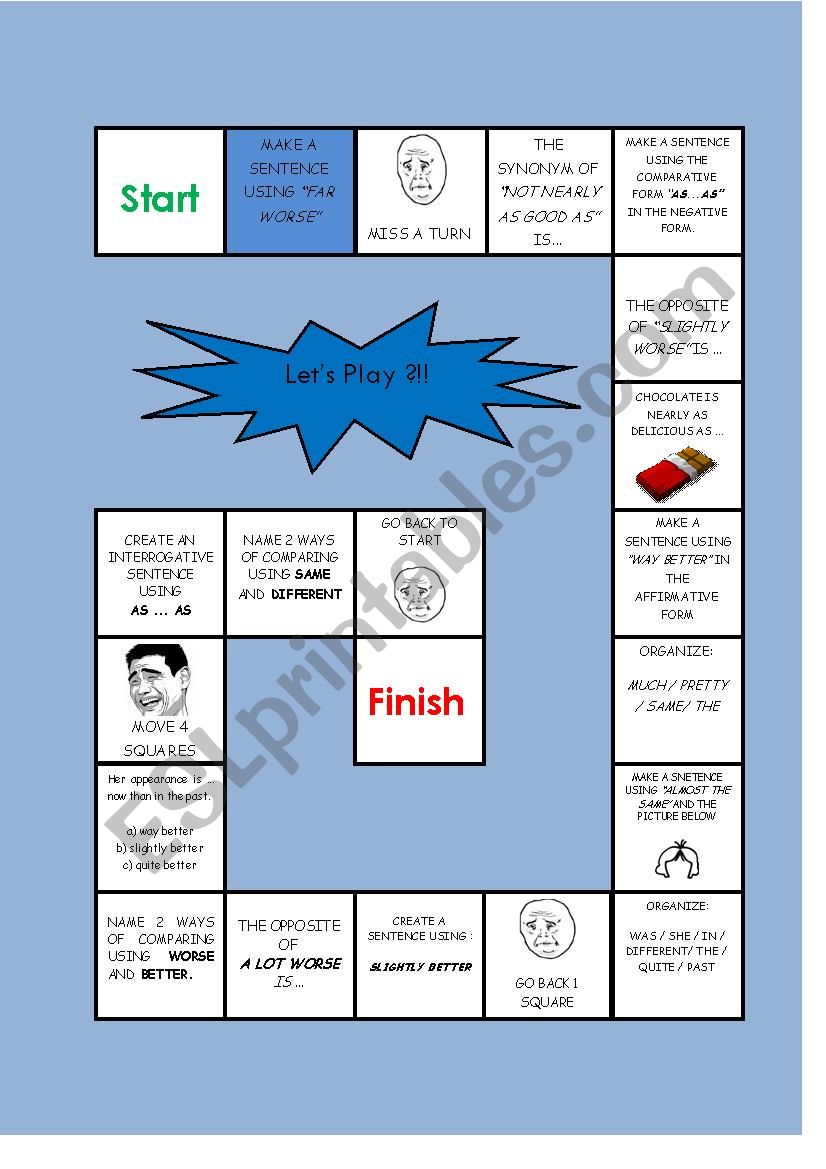 Ways of comparing board game worksheet