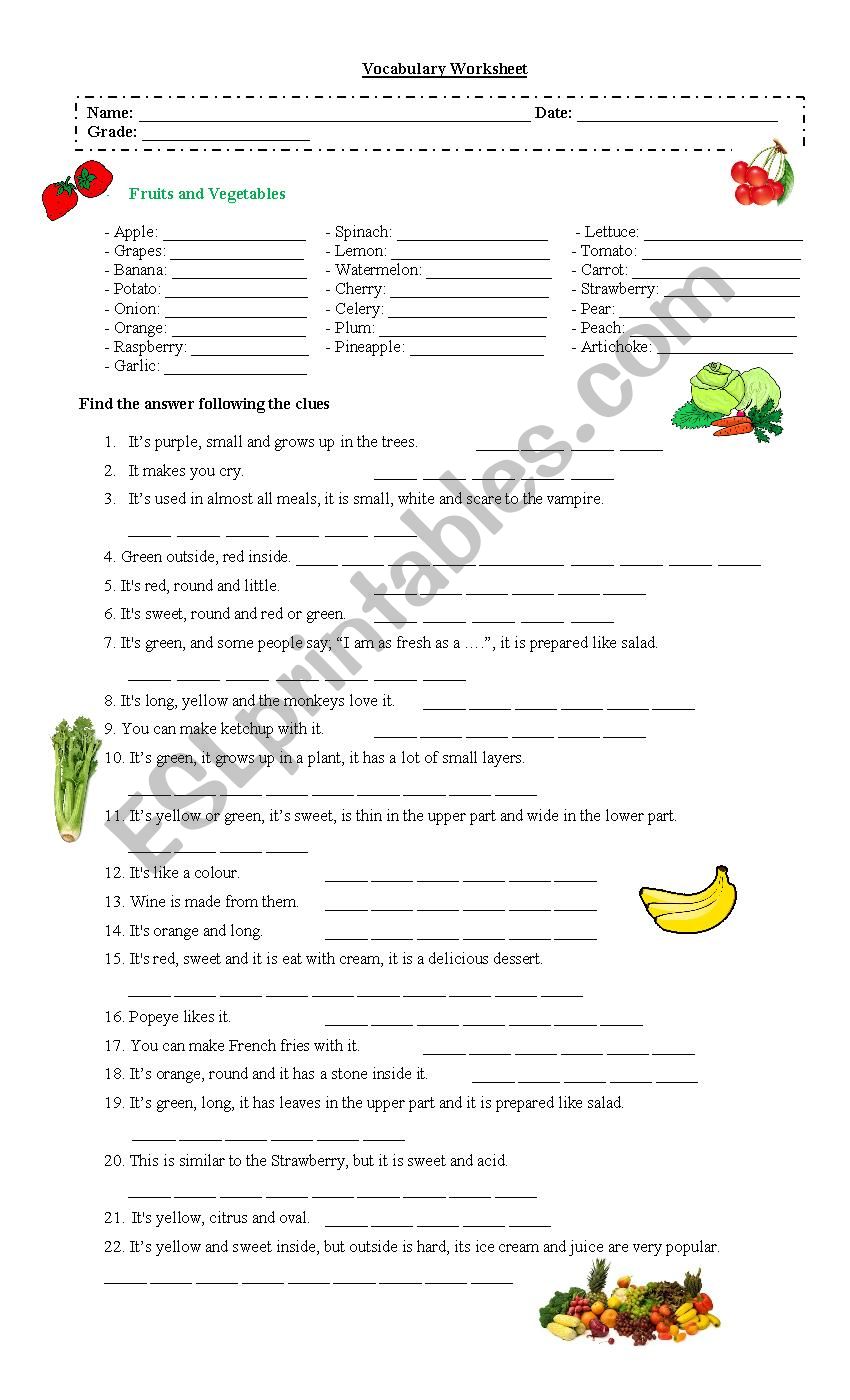 Fruits and vegetables worksheet