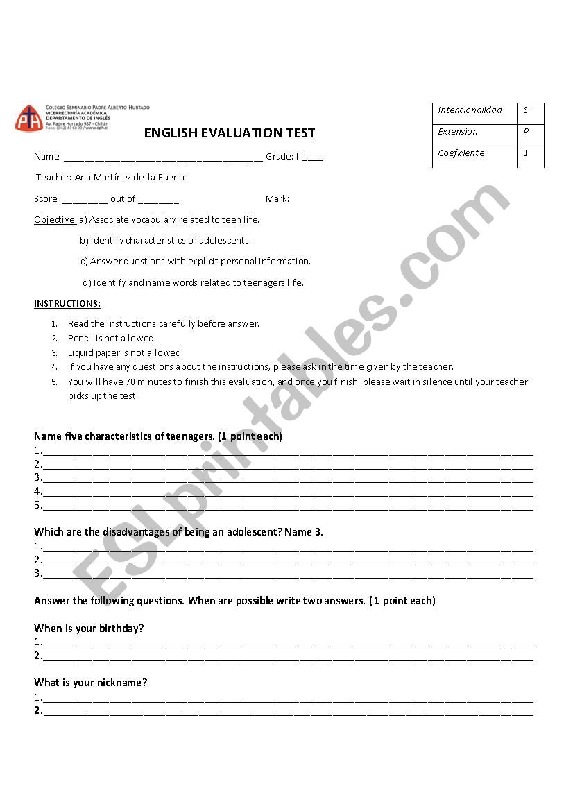 test worksheet