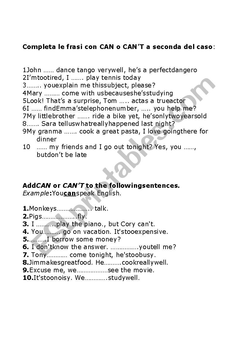 Exercise with verb Can worksheet