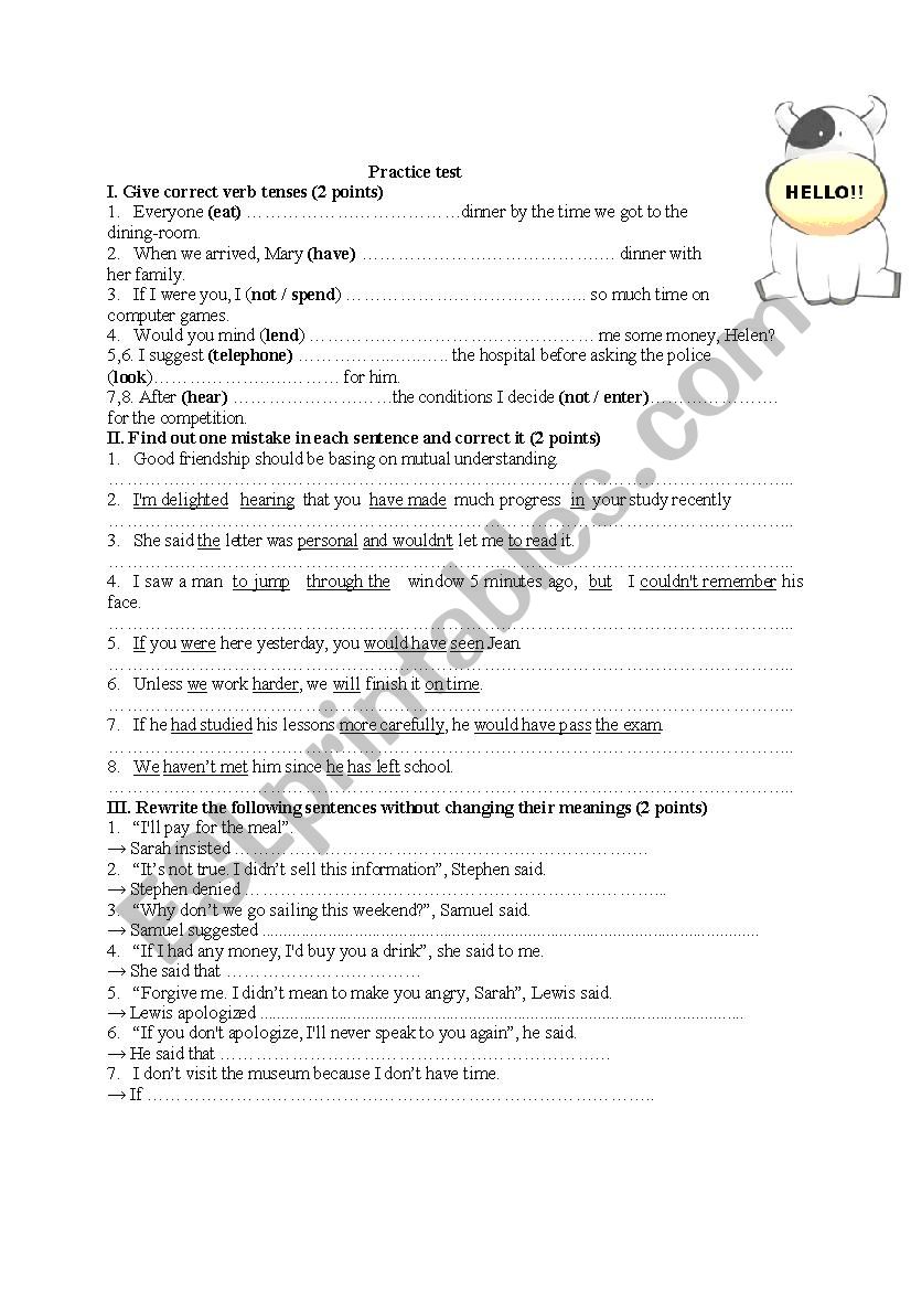 practice for tenses and reported speech