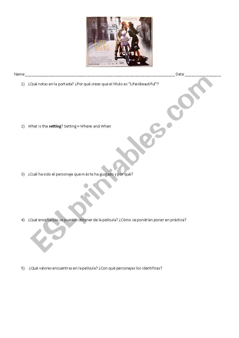 life is beautiful questions  worksheet