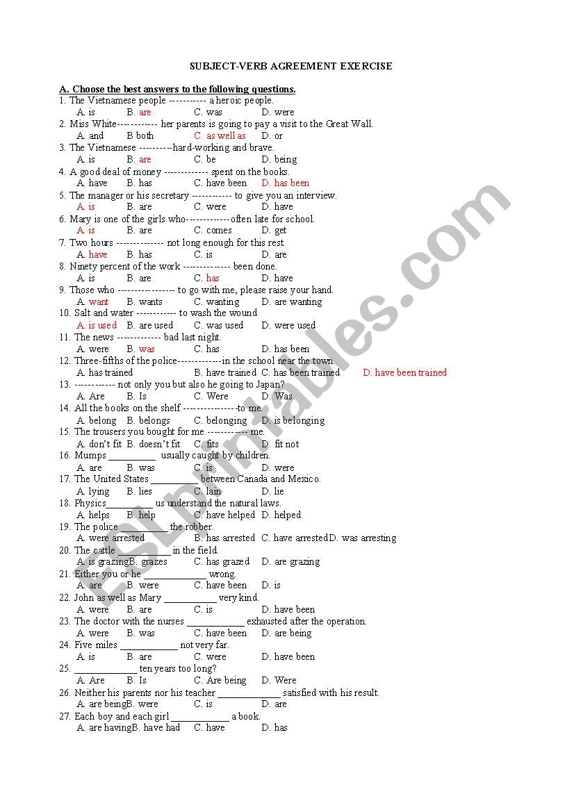 Subject Verb Agreement Practice ESL Worksheet By Cothuytienganh