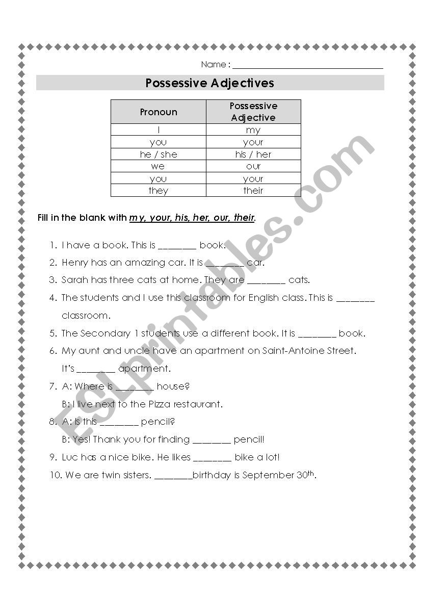 Possessive Adjectives worksheet