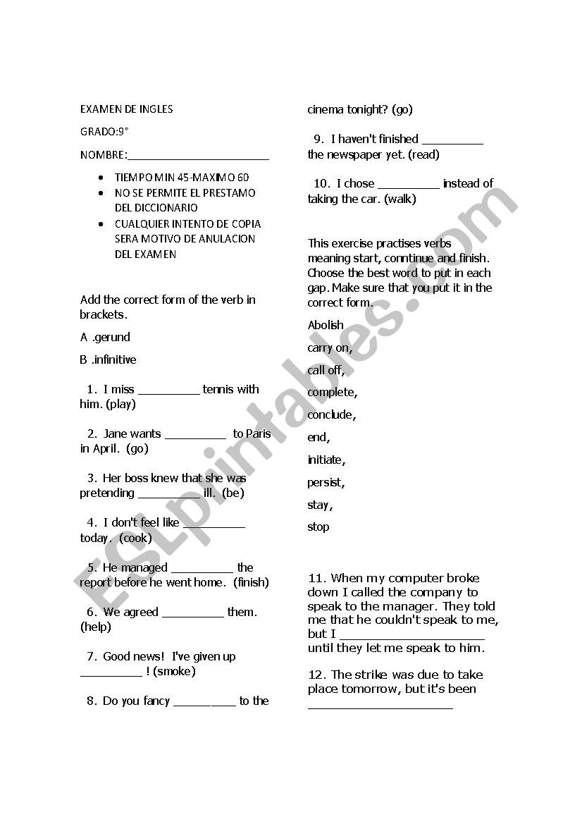 test 9 grade worksheet