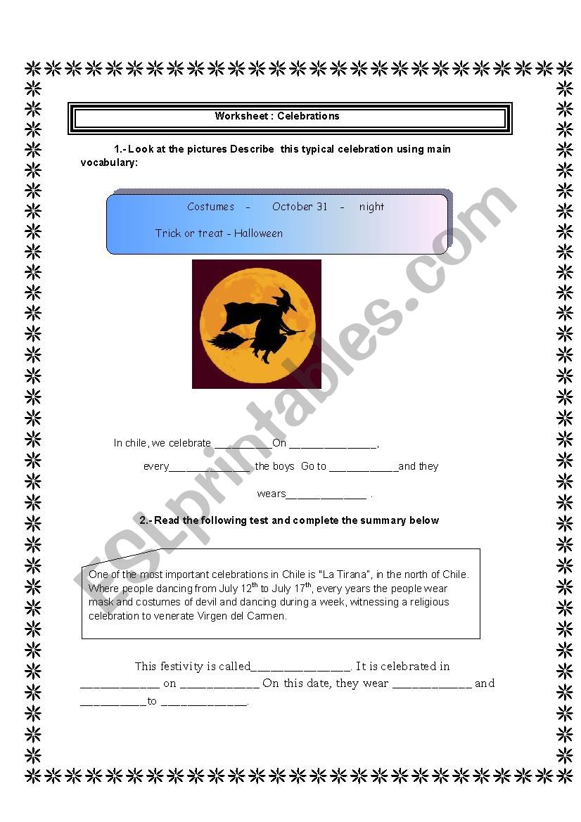 Celebrations worksheet