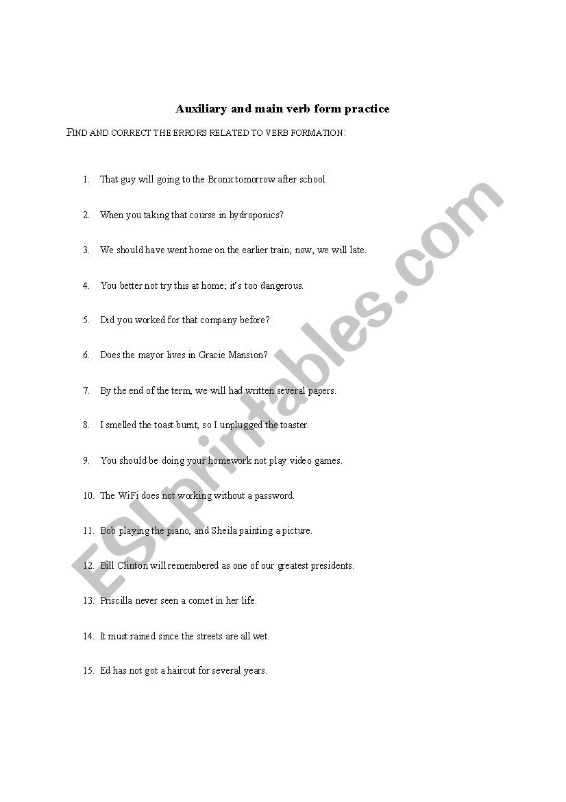 Auxilary Plus Main Verb Form Practice Esl Worksheet By Haci Richard