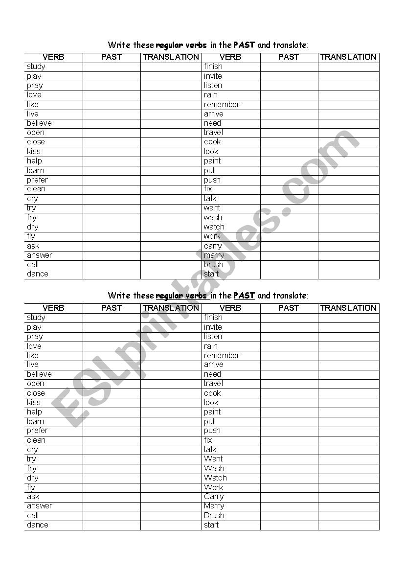 List of Regular Verbs worksheet