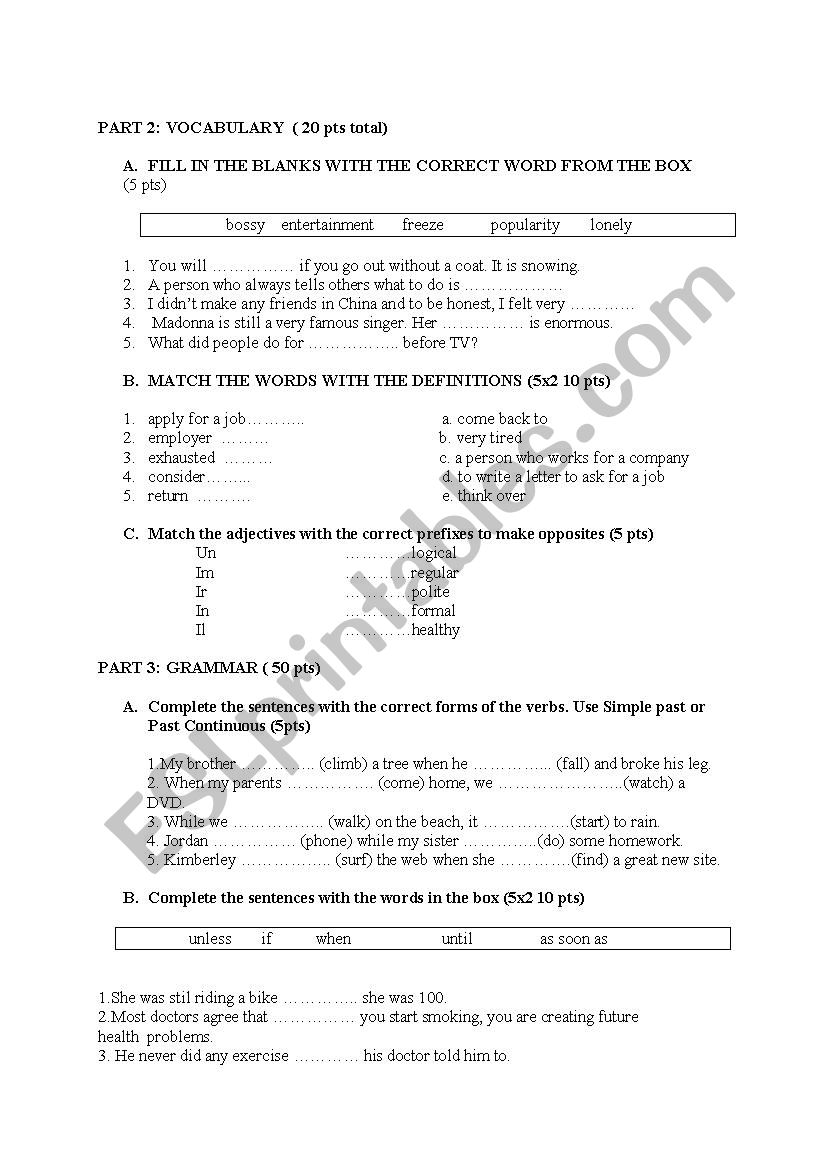 exam sample worksheet