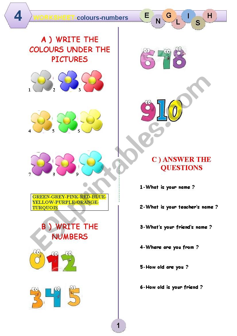 NUMBERS-COLOURS WORKSHEET worksheet