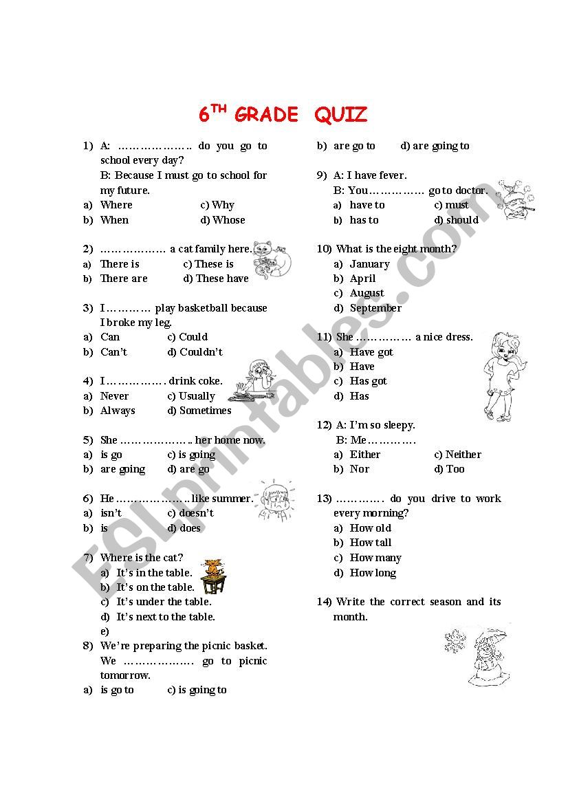 QUIZ FOR 6th GRADES worksheet