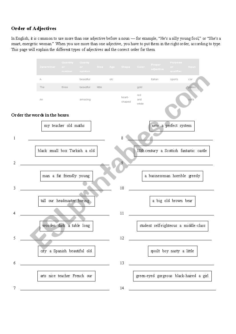 Order of Adjectives worksheet