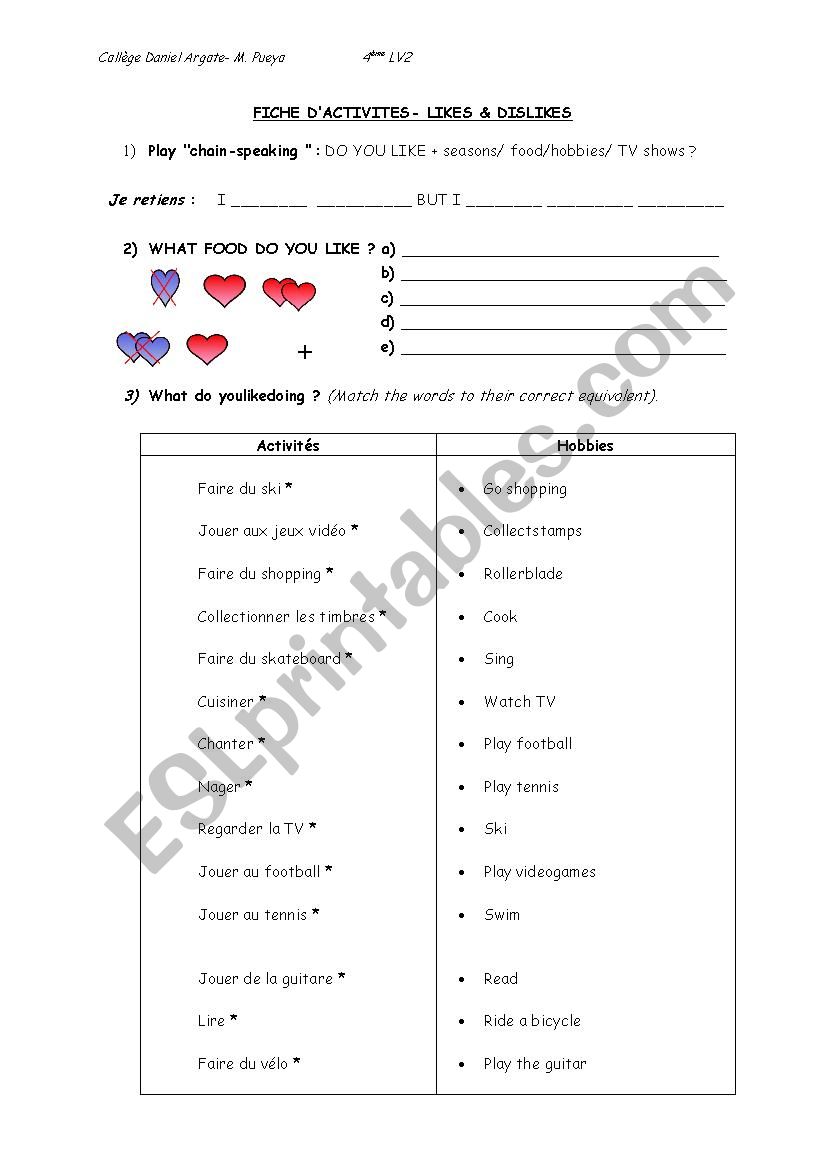 likes and dislikes worksheet