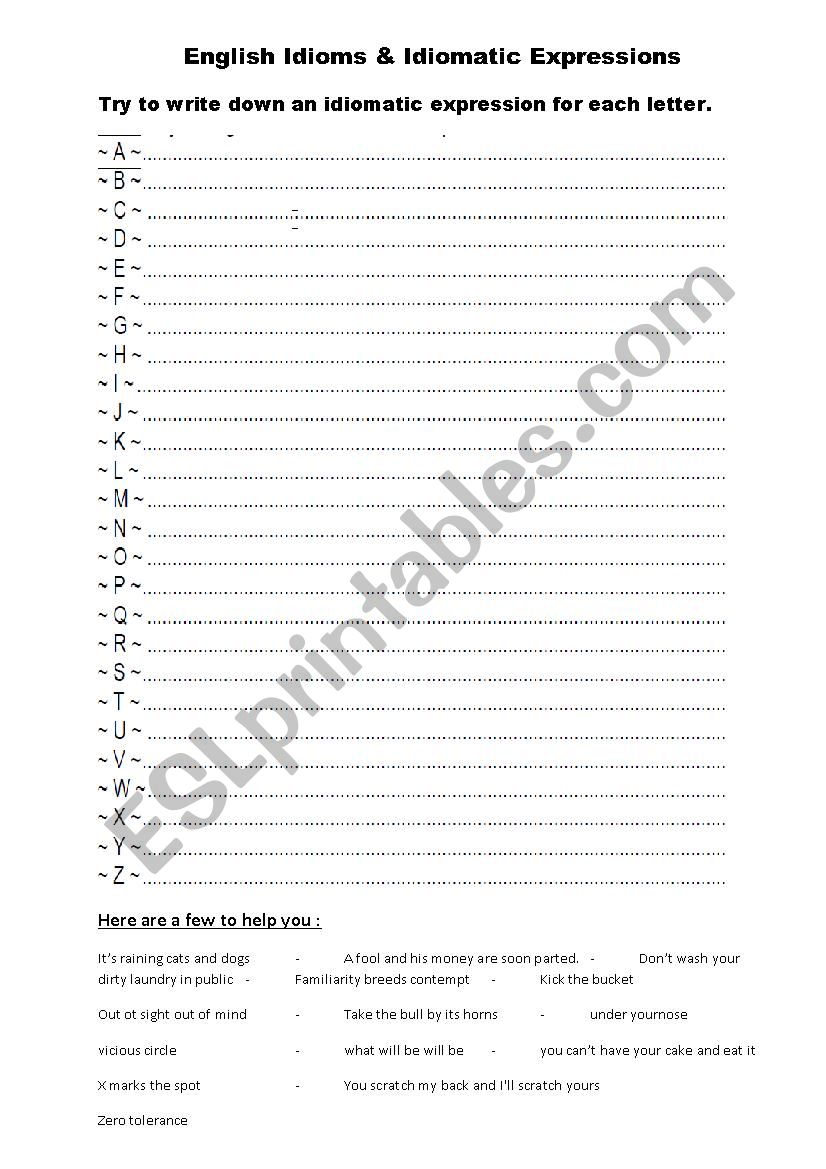 English idioms worksheet worksheet