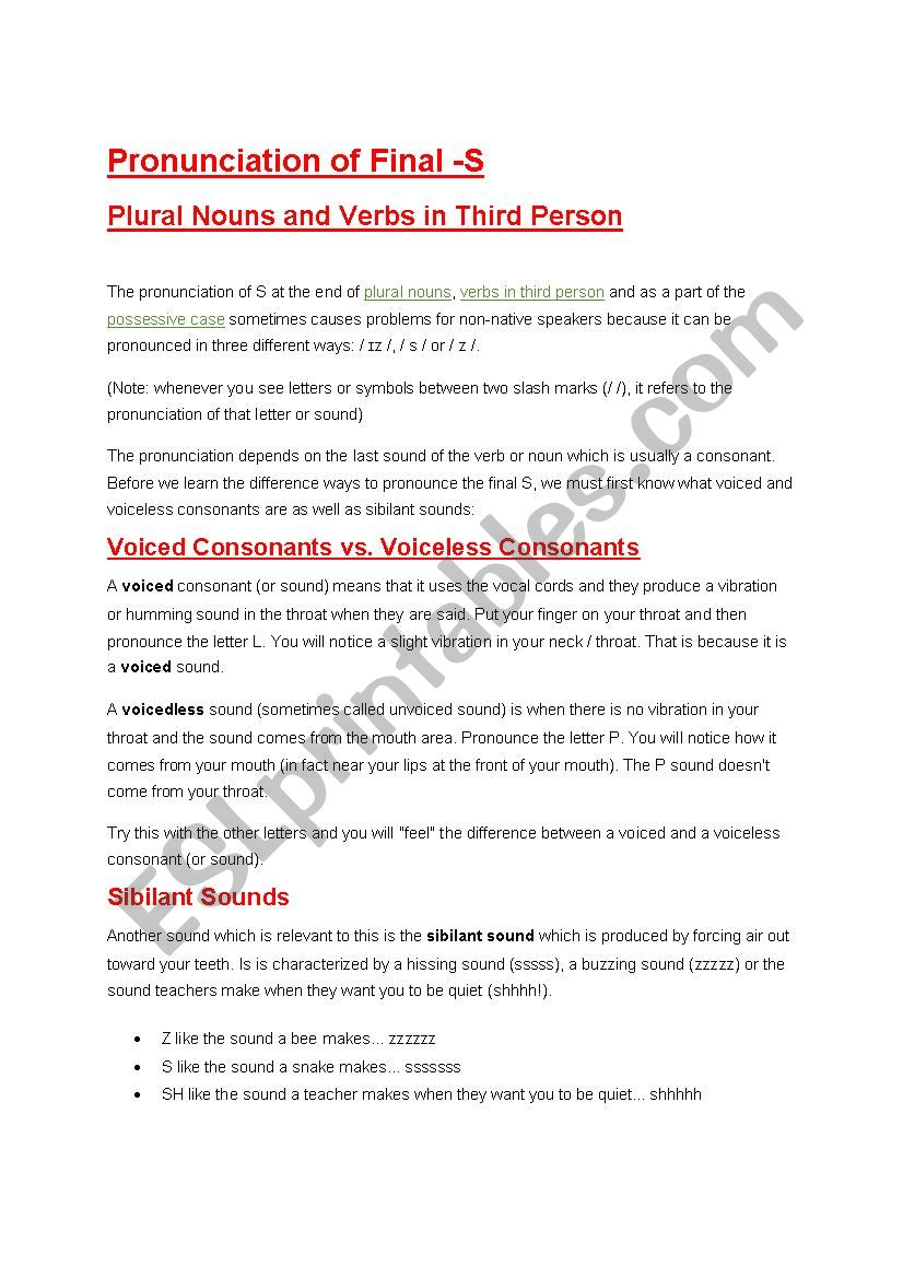 pronunciation of final s worksheet