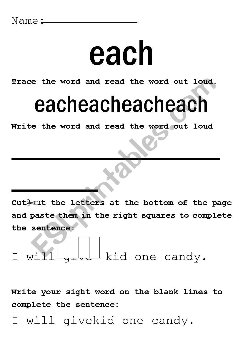 HFW each worksheet worksheet