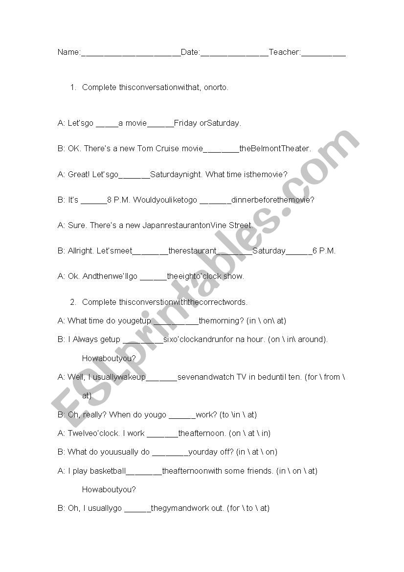 Prepositions worksheet