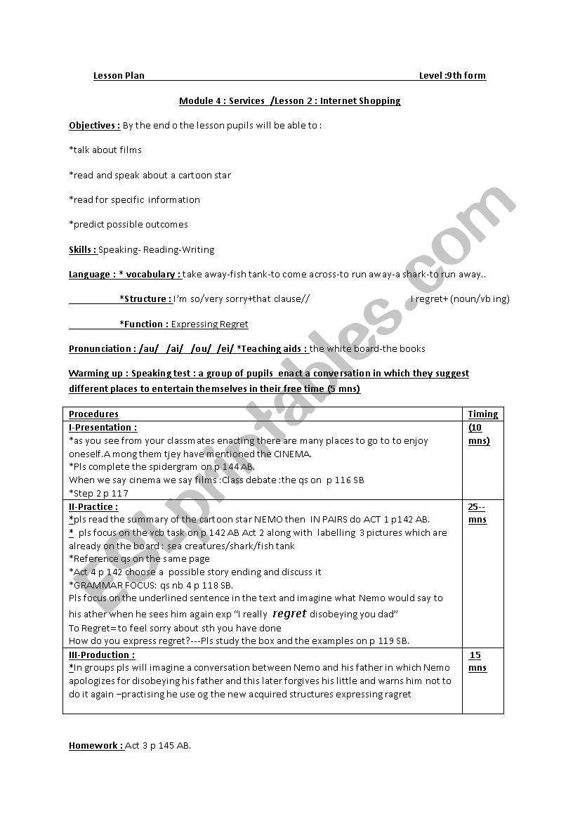 lesson -plan NEMO let´s watch a film 9th - ESL worksheet by loubaba