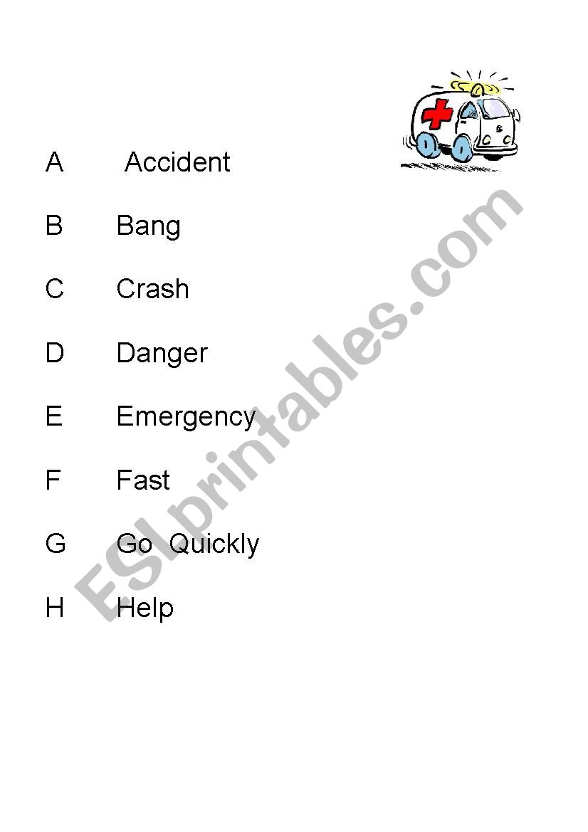 Words related to An Accident worksheet