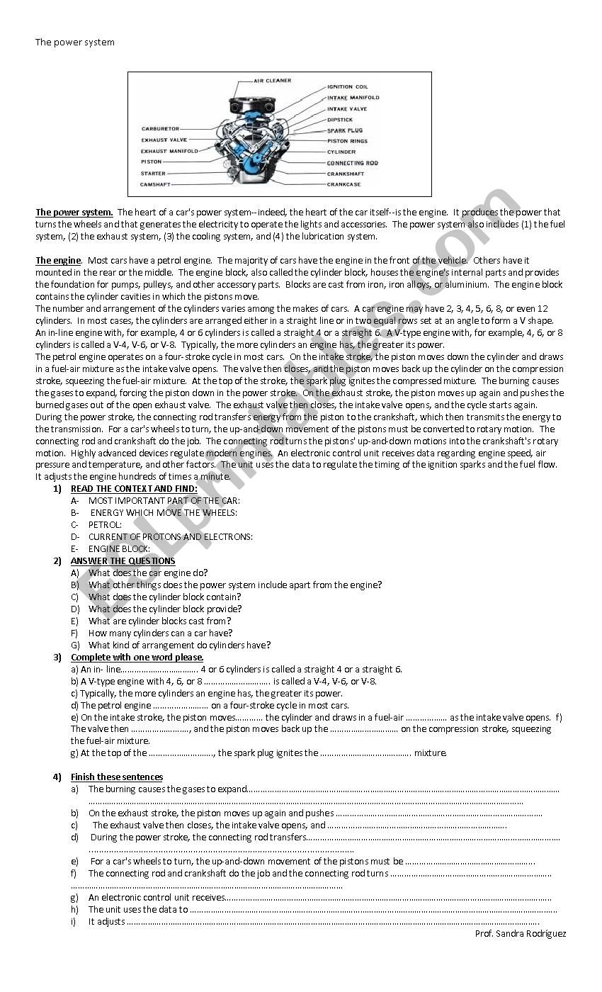 THE POWER SYSTEM OF A CAR worksheet