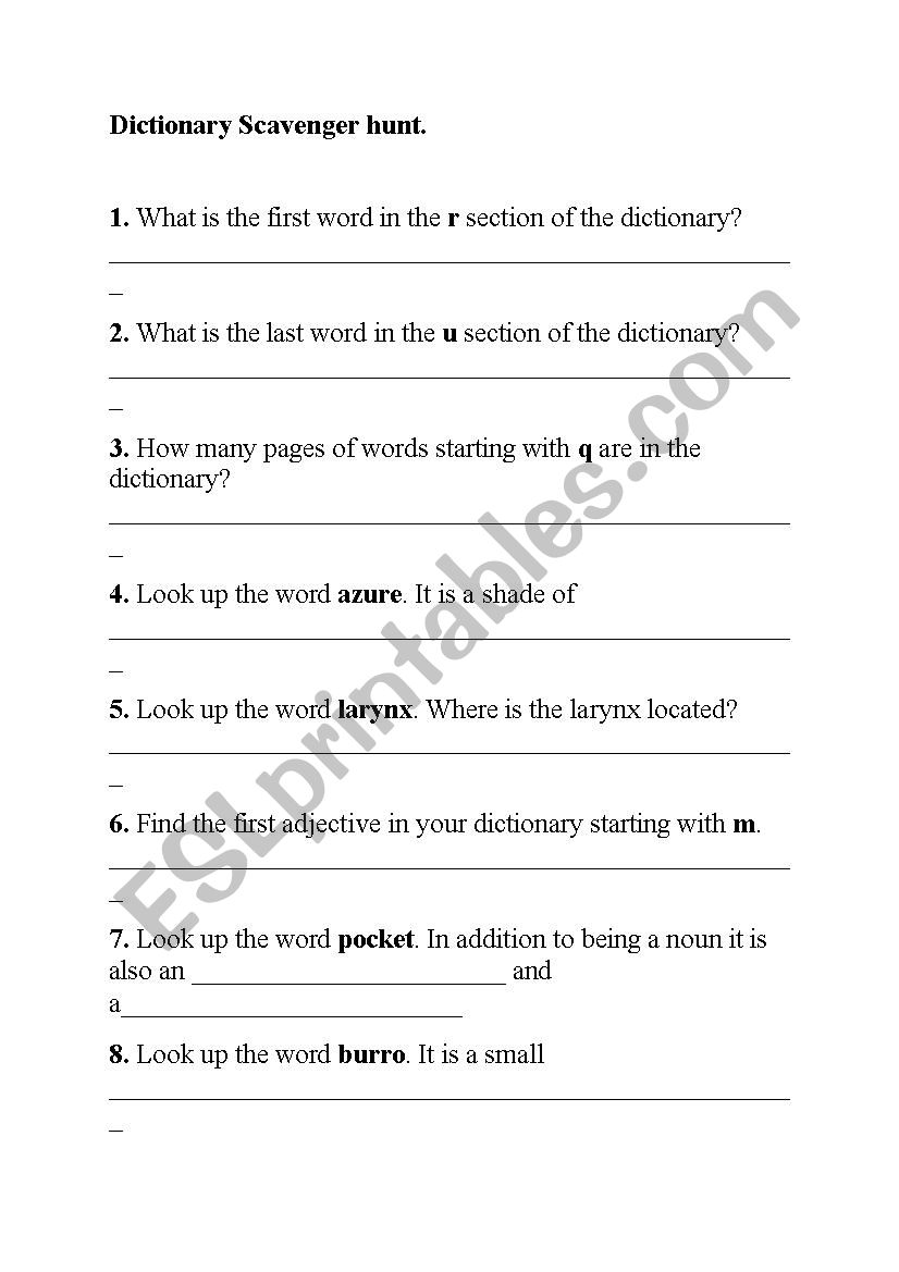 Dictionary Scavenger Hunt worksheet