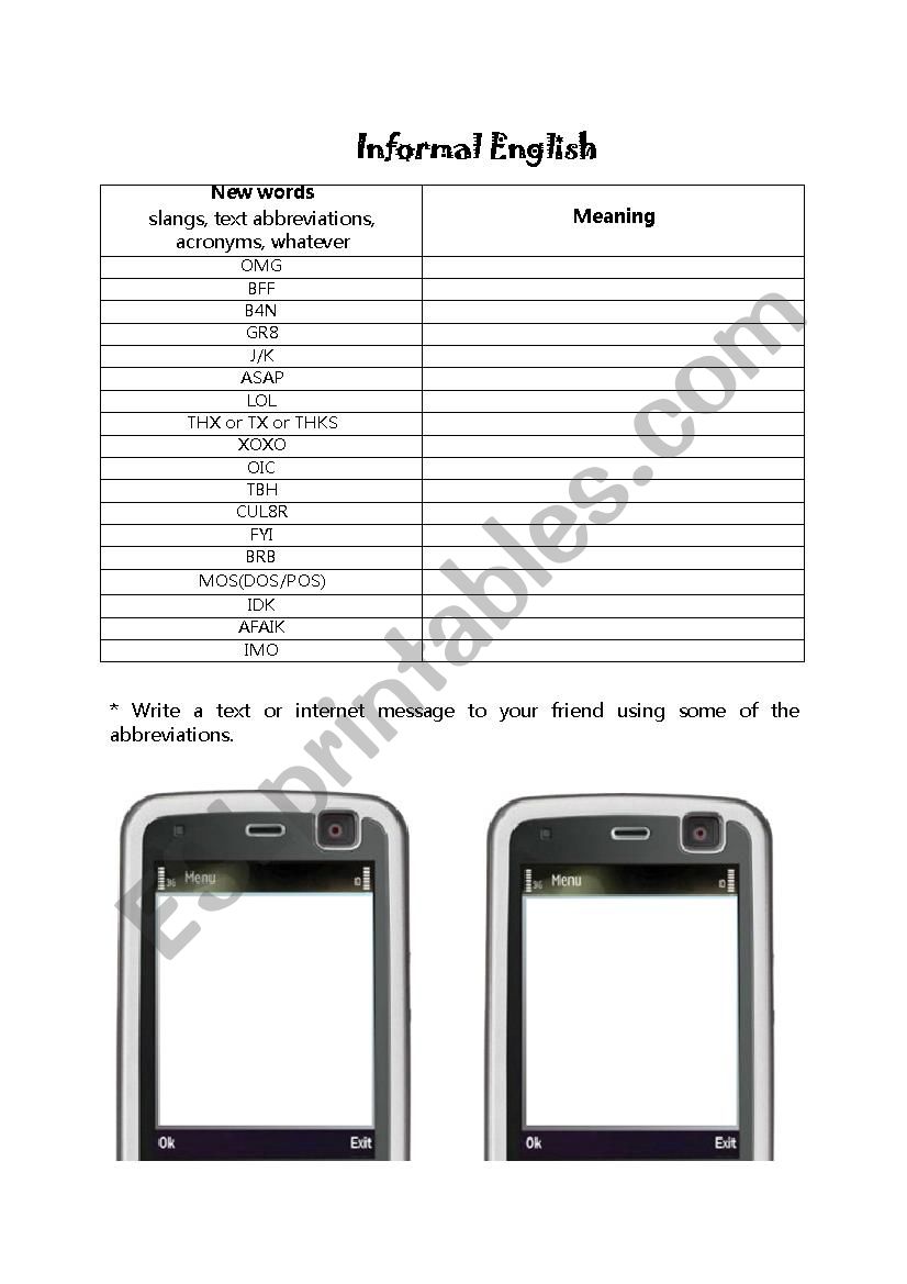 slang worksheet worksheet