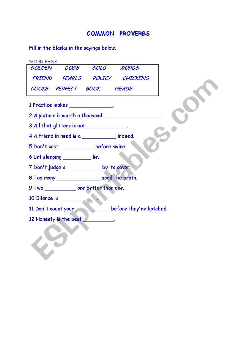 Cmmon proverbs worksheet