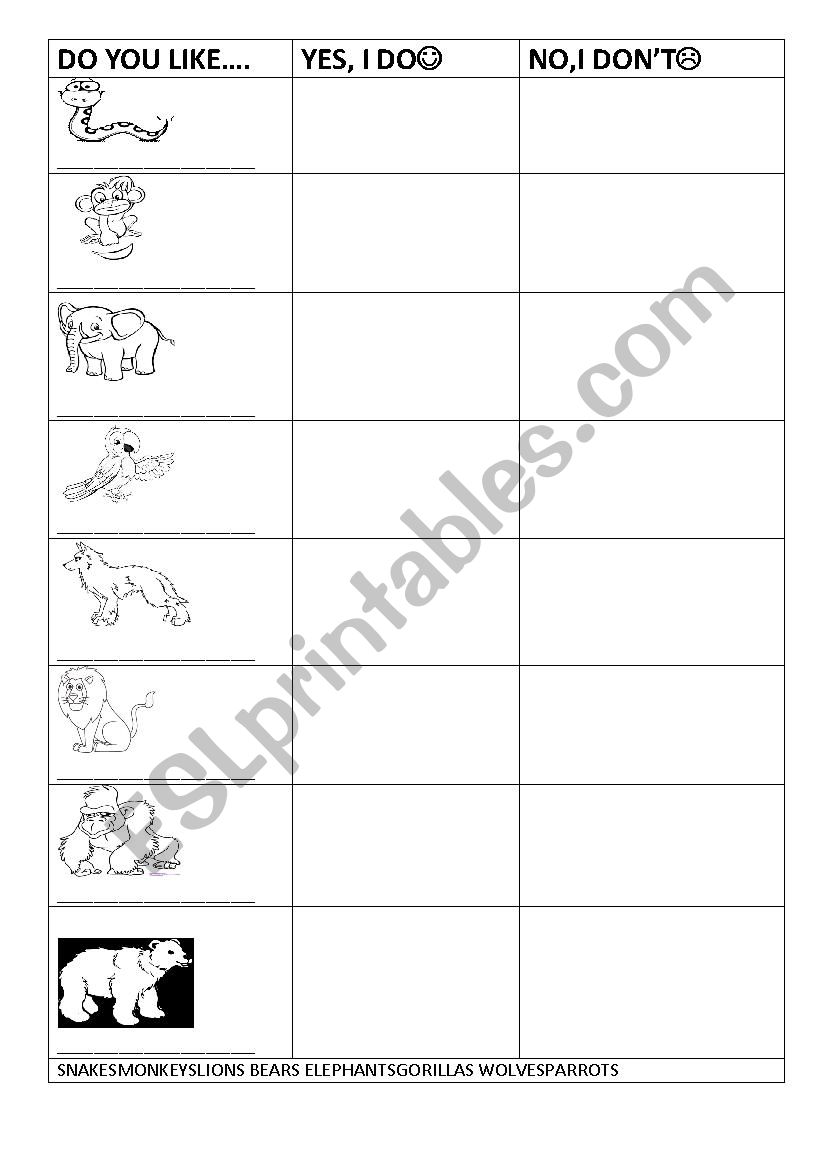 I like, I don´t like, animals in the zoo - ESL worksheet by reggaegirl