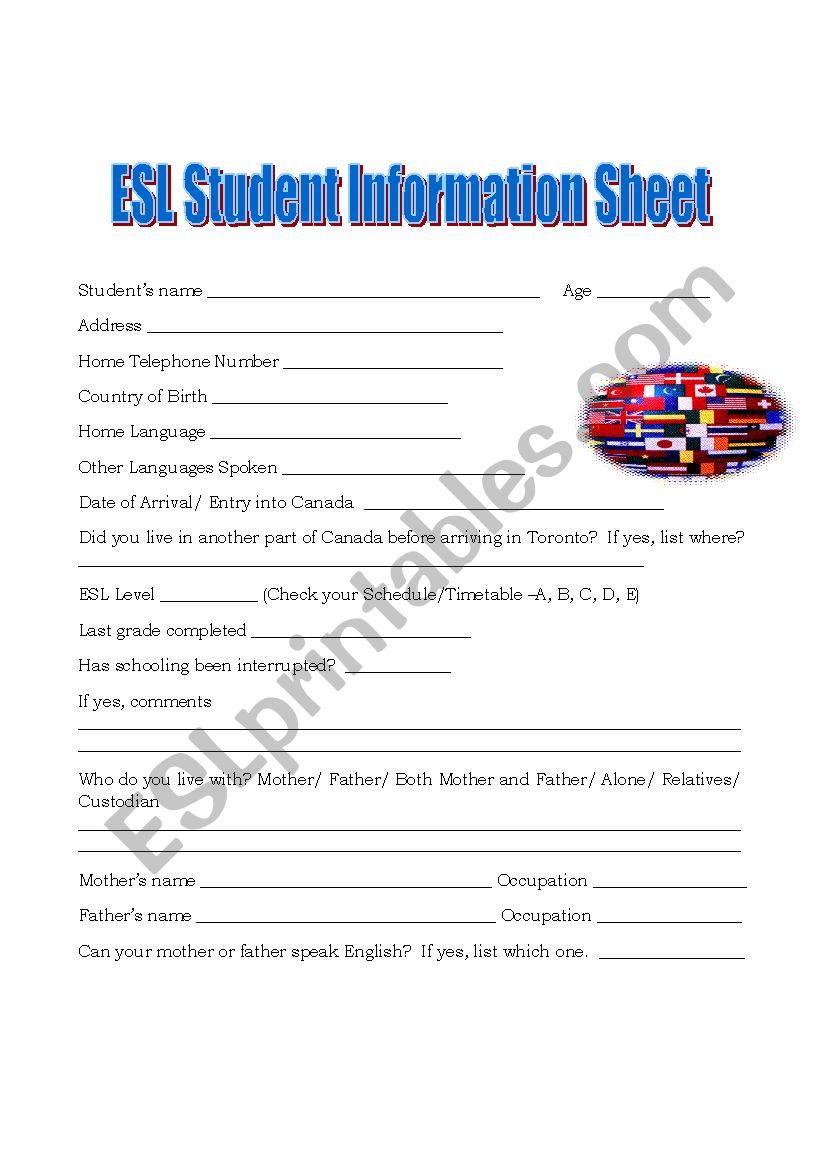 Student Information Sheet ESL worksheet by chicgui